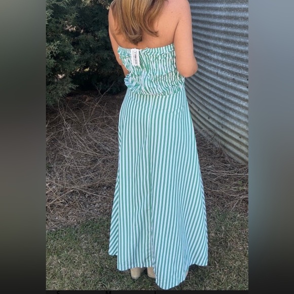 Strapless smocked striped green dress - Picture 7 of 8